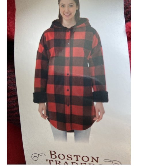 Boston Traders Buffalo Plaid Sherpa Lined Hooded Long Jackets --Red/Black - Picture 5 of 7